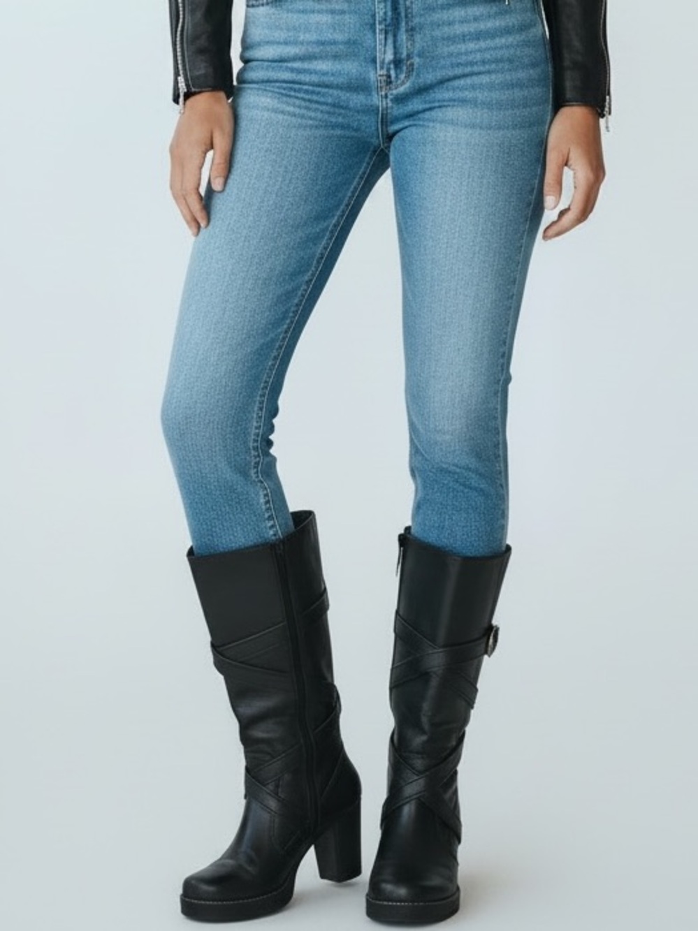 Y2K Skechers Strappy Moto Boots Black Leather Chunky Heel Mid Calf Bratz Grunge